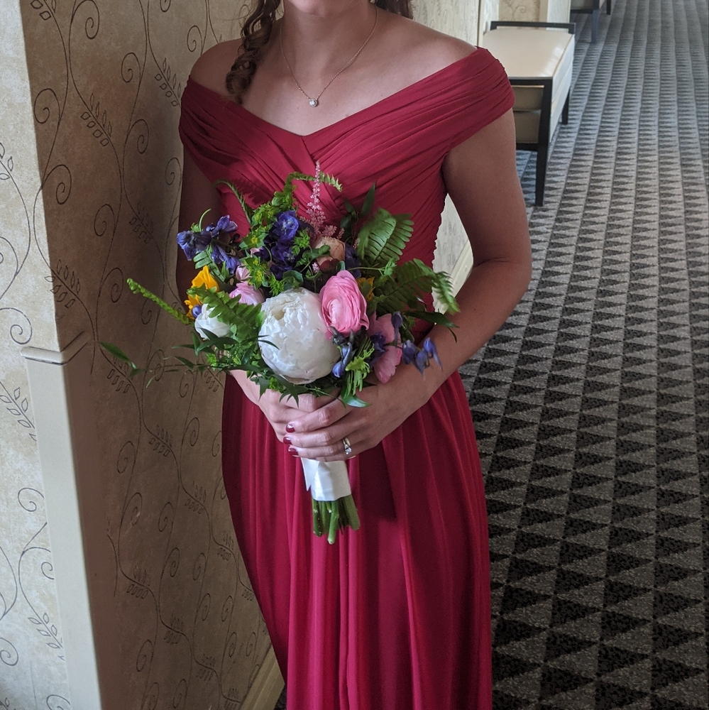 David's Bridal Red Off-Shoulder Dress